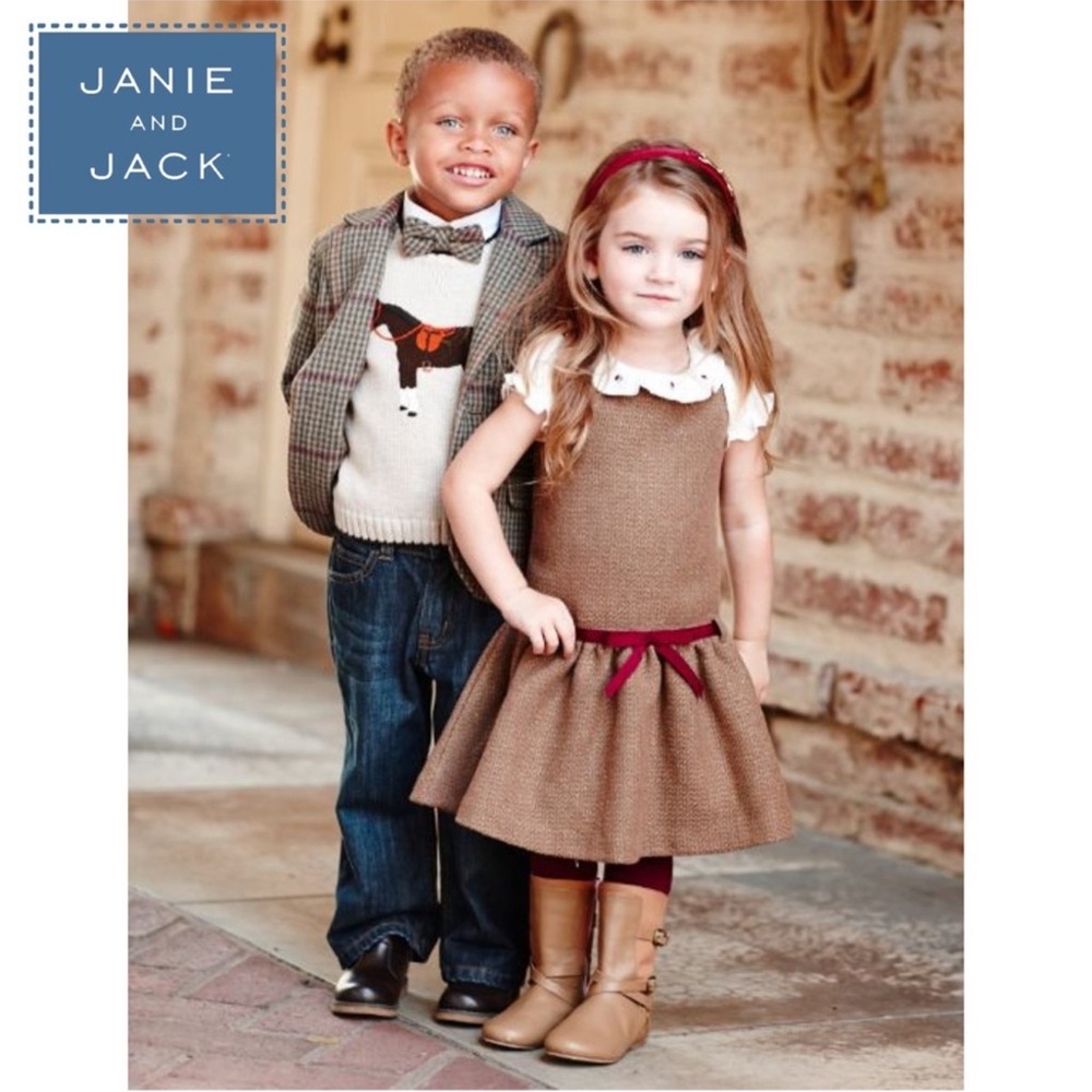 Janie and Jack Brown Red Bow Autumn Equestrian Tweed Jumper Dress 6-12 mo